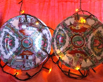 Vintage Famille Rose Porcelain Plates 7.3"- 7", Medallion Oriental Décor, Set of 2, Chinese Famille Rose Medallion Plates, QuianLong NianZhi