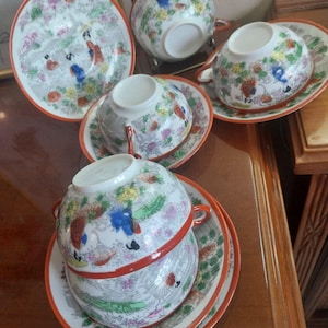 Antique JAPANESE Kutani Geisha Tea/Coffee Porcelain Set|Egg shell Porcelain Tea Set| Vintage Porcelain Tea Set Japan, Meiji Era late 19th C