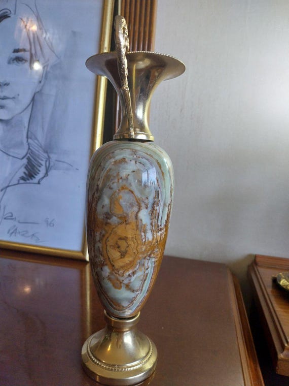 Vintage Green Big Onyx Marble Vase 10.5", 1.6 kg – Italian Mid Century Amphora Jar