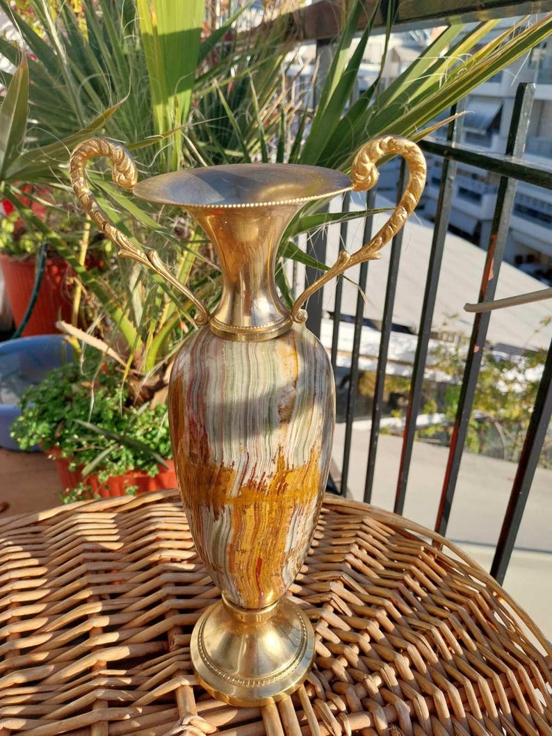 Vintage Green Big Onyx Marble Vase 10.5", 1.6 kg – Italian Mid Century Amphora Jar image 15