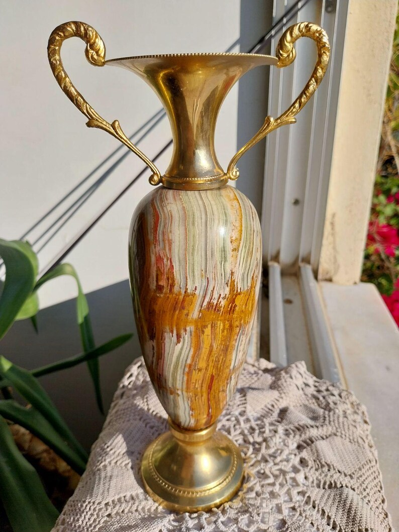 Vintage Green Big Onyx Marble Vase 10.5", 1.6 kg – Italian Mid Century Amphora Jar image 10