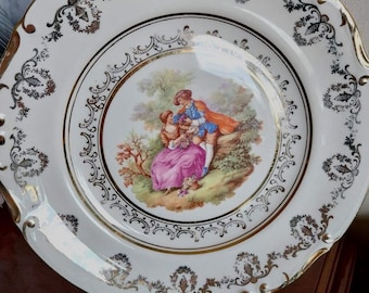 Assiette vintage en porcelaine Fragonard 9,5 pouces signée couple de parade nuptiale rococo, Tulowice Pologne, assiette de couple de parade nuptiale ivoire-or, assiettes rococo