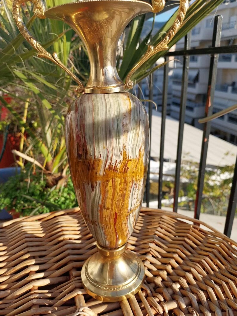 Vintage Green Big Onyx Marble Vase 10.5", 1.6 kg – Italian Mid Century Amphora Jar image 13