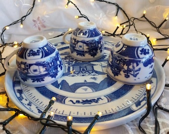 Chinese Blue White Tea-ware with Tray Handmade Heavy, Vintage Chinese Blue & White Tea Cup Set: Willow Pattern, Chinese Teacup Set