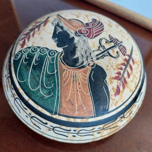 Greek Ceramic Jewelry Box: Hand-Painted Goddess Design