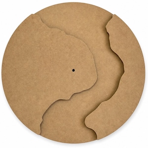 May include: A circular light brown wooden wall clock base featuring a smooth, flat surface with an irregular, wave-like cutout layer on the front. A single small, centered hole is visible on the left side of the main circular wooden panel.