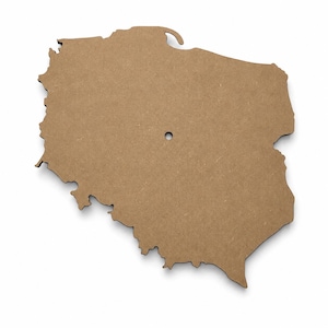 May include: A flat, light brown, laser-cut wooden cutout shaped like the map of Poland. The surface has a smooth, matte texture and features a single, small, circular hole positioned near the center of the landmass, allowing for hanging.