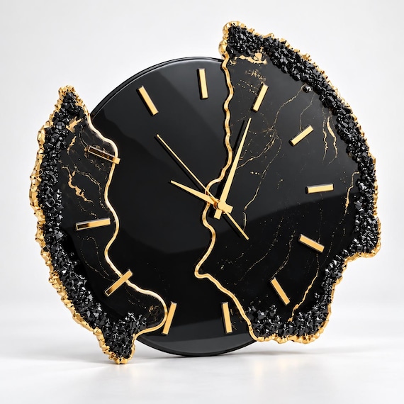 Black Resin Wall Clock, Gold Geode Clock, Luxury Wall Decor, Large Modern Clock, Statement Wall Art, Housewarming Gift, Anniversary Gift