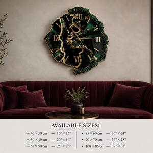 May include: A wall clock with an irregular, geode-inspired shape featuring black and deep green resin surfaces with gold-colored edges. The clock face displays gold Roman numerals and hands. Available sizes listed include 16x12, 20x16, 25x20, 30x24, 36x28, and 39x33 inches.