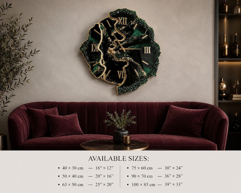 May include: A wall clock with an irregular, geode-inspired shape featuring black and deep green resin surfaces with gold-colored edges. The clock face displays gold Roman numerals and hands. Available sizes listed include 16x12, 20x16, 25x20, 30x24, 36x28, and 39x33 inches.