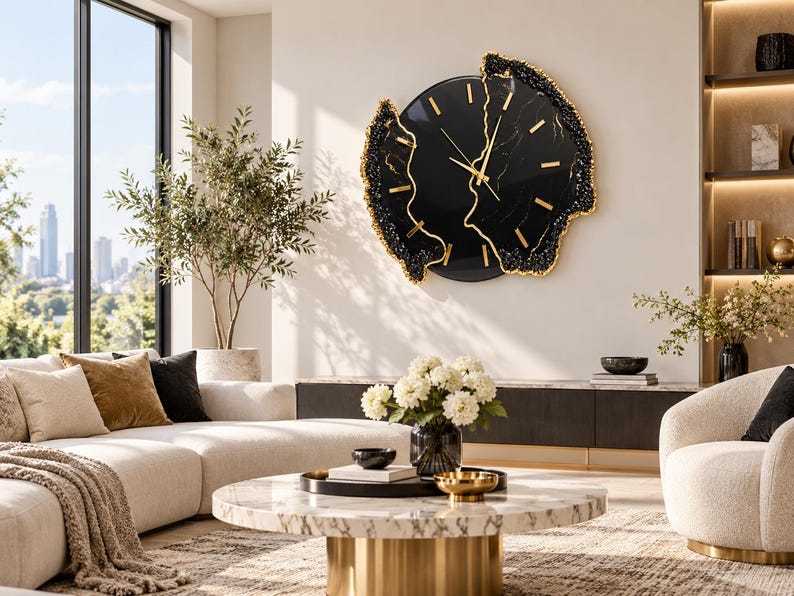 Pu&ograve; includere: Un grande orologio da parete circolare con quadrante nero lucido, lancette dorate e indici delle ore dorati. L'orologio presenta un bordo fratturato ispirato alle geodi, con bordi neri testurizzati e accenti color oro dall'aspetto organico.