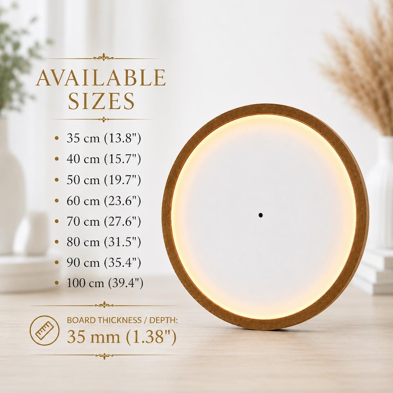 May include: A circular wall clock with a brown wooden frame and a white face featuring an internal warm light ring. Text lists available sizes from 35 cm (13.8 inches) to 100 cm (39.4 inches) and a board thickness of 35 mm (1.38 inches).