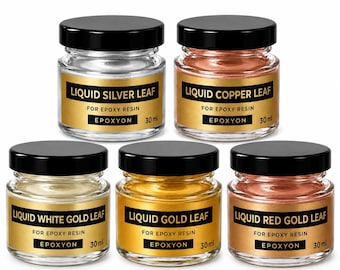 May include: Five glass jars of liquid metallic pigment for epoxy resin, each containing 30 ml. The labels read Liquid Silver Leaf, Liquid Copper Leaf, Liquid White Gold Leaf, Liquid Gold Leaf, and Liquid Red Gold Leaf, all by EPOXYON.