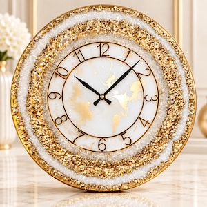 Gold White Wall Clock, Large Geode Resin Wall Clock, Luxury Crystal Clock, Marble Wall Decor, Handmade Modern Clock, Housewarming Gift