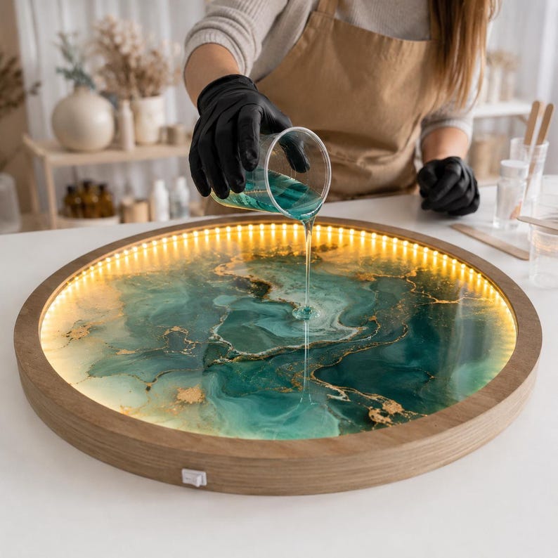 May include: A circular wooden tray with an integrated LED light strip around the inner rim. The surface features a swirling resin pour in shades of teal, turquoise, and white with gold metallic accents. A small white power switch is on the side.
