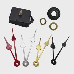 May include: Clock parts set, including a black clock movement, various clock hands in red, silver, gold, and black, along with a black rubber gasket, a brass nut, and a brass washer. Ideal for clock repair or DIY projects.