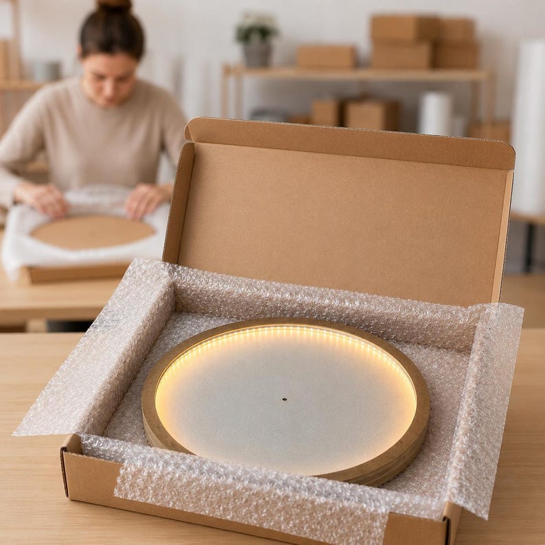 May include: A circular wooden light fixture with a frosted center panel and an integrated LED ring, resting inside a brown cardboard shipping box lined with bubble wrap. The light emits a warm glow from the perimeter of the circular frame.