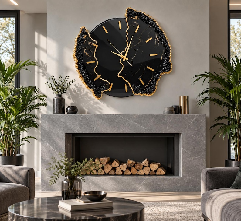 Pu&ograve; includere: Un grande orologio da parete circolare con quadrante nero, indici e lancette color oro. L'orologio presenta un design diviso con bordi irregolari e testurizzati neri e dorati che ricordano formazioni di geodi, montato su una parete grigio chiaro.
