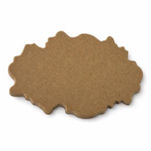 May include: A flat, brown, medium-density fiberboard cutout shaped like an irregular, organic cloud or blob with a smooth, matte surface and defined, rounded edges. The object is solid, uniform in color, and features a distinct, wavy perimeter.