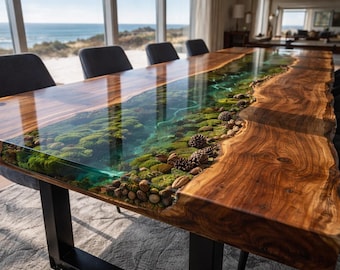 Live Edge Forest River Table, Epoxy Resin Dining Table, Moss and Stone River, Handmade Walnut Wood Furniture, Custom Dining Table