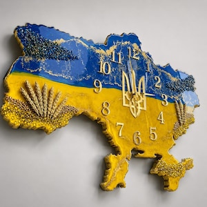 Väggklocka med karta över Ukraina, ukrainsk flagga i harts, guldfärgad Tryzub-dekor, handgjord epoxiväggkonst, patriotisk ukrainsk gåva, inflyttningspresent