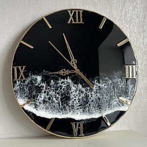 Black Resin Wall Clock, Handmade Epoxy Ocean Wave Clock, Modern Wall Decor, Luxury Home Art, Gift for Her, Wedding Gift, Housewarming Gift