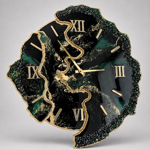 Large Emerald Green Resin Wall Clock, Luxury Geode Wall Decor, Handmade Modern Clock, Gold Roman Numerals, Statement Wall Art image 1