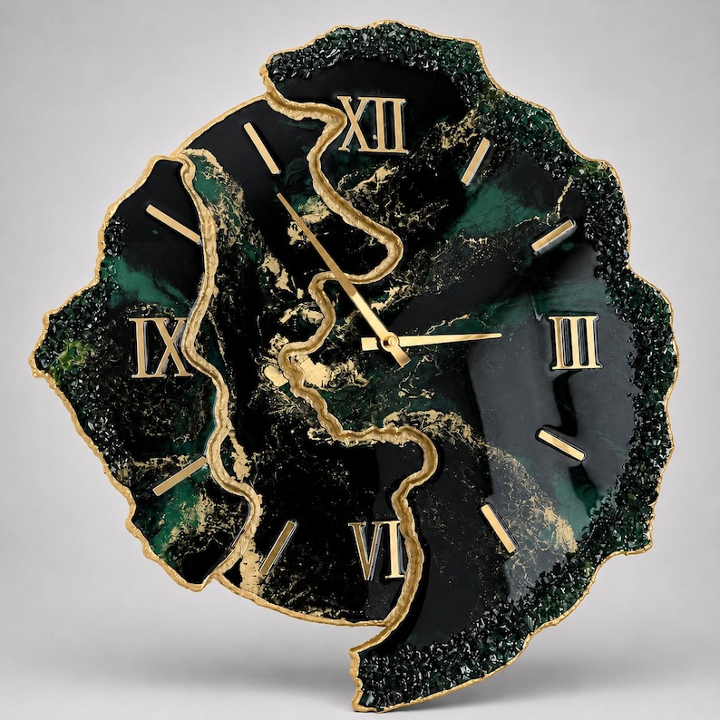 Large Emerald Green Resin Wall Clock, Luxury Geode Wall Decor, Handmade Modern Clock, Gold Roman Numerals, Statement Wall Art image 1