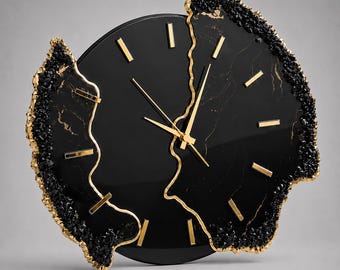 Large Black Resin Wall Clock, Luxury Geode Wall Decor, Handmade Modern Clock, Silent Quartz Clock, Statement Wall Art, Housewarming Gift