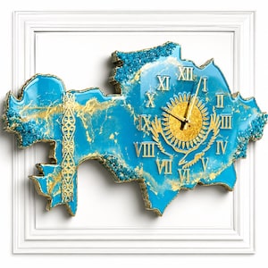 Reloj de pared de resina con mapa de Kazajistán, decoración de pared con la bandera de Kazajistán, reloj de resina epoxi hecho a mano, reloj de pared silencioso, regalo de Kazajistán, regalo de inauguración de casa