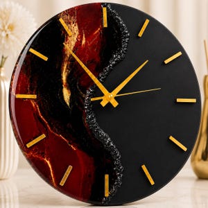 Reloj de pared grande de resina roja y negra, reloj de epoxi de lujo, manecillas doradas, decoración de pared moderna hecha a mano, reloj de cuarzo silencioso, regalo para hombres.