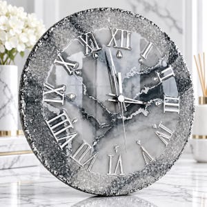 Large Silver Resin Wall Clock, Luxury Geode Wall Clock, Roman Numeral Clock, Marble Wall Decor, Handmade Modern Clock, Housewarming Gift