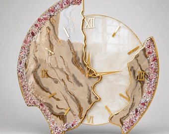 Luxury Marble Gold Resin Wall Clock, Handmade Geode Wall Decor, Large Modern Custom Clock, Silent Quartz Mechanism, Housewarming Gift