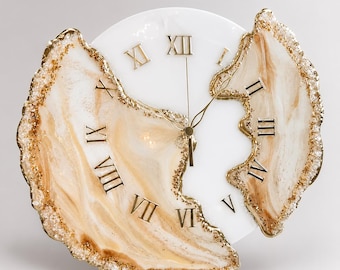 White Marble Gold Resin Wall Clock, Luxury Handmade Geode Clock, Large Unique Custom Clock, Modern Wall Decor, Housewarming Gift