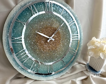 Blue Resin Wall Clock, Handmade Modern Wall Decor, Silver Roman Numerals, Silent Quartz Clock, Coastal Home Decor