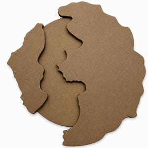 Può includere: Un set di tre pezzi di puzzle in legno marrone a incastro con bordi irregolari e organici. I pezzi sono piatti e presentano una finitura opaca e liscia, che si uniscono per formare una figura circolare coerente con contorni ondulati e frastagliati.
