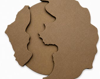 May include: A set of three interlocking brown wooden puzzle pieces with irregular, organic edges. The pieces are flat and feature a smooth, matte finish, fitting together to form a cohesive, circular shape with distinct, wavy, and jagged contours.