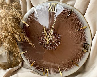 Brown Epoxy Resin Wall Clock, Handmade Wall Decor, Home Art Decor, Gold Roman Numerals, Birthday Gift, Christmas Gift, Gift for Her