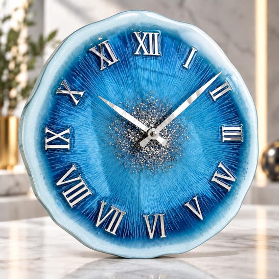 Blue Resin Wall Clock, Geode Wall Clock, Handmade Epoxy Clock, Modern Blue Wall Decor, Silver Roman Numerals, Housewarming Gift