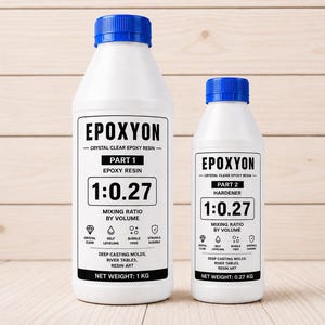 May include: Two white plastic bottles with blue caps labeled "EPOXYON" for crystal clear epoxy resin. The larger bottle is labeled "Part 1 Epoxy Resin" with a net weight of 1 kg. The smaller bottle is labeled "Part 2 Hardener" with a net weight of 0.27 kg.
