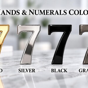 Puede incluir: Cuatro d&iacute;gitos n&uacute;mero siete dispuestos en fila, cada uno con un acabado met&aacute;lico diferente. Las etiquetas debajo de cada d&iacute;gito dicen: GOLD, SILVER, BLACK y GRAPHITE. El texto en la parte superior de la imagen dice: HANDS & NUMERALS COLOR.