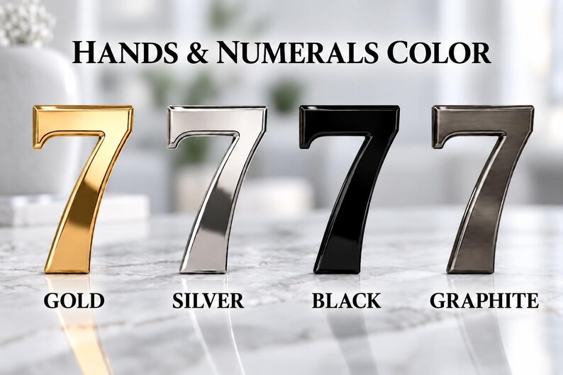 Puede incluir: Cuatro d&iacute;gitos n&uacute;mero siete dispuestos en fila, cada uno con un acabado met&aacute;lico diferente. Las etiquetas debajo de cada d&iacute;gito dicen: GOLD, SILVER, BLACK y GRAPHITE. El texto en la parte superior de la imagen dice: HANDS & NUMERALS COLOR.