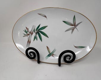 Vintage JAPANESE Plate RC Bamboo Oval Collectors Plate Stand White Ceramic Japan