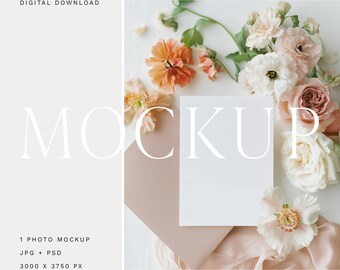 Wedding Invitation Mockup, Fine Art Stationery, Dusty Rose Flowers (Digital Download)