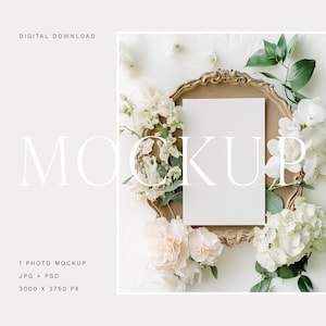 Mockup de cartão A9, mockup de cartão de casamento com flores brancas, mockup de papelaria artística, mockup de cartão A9 em branco, mockup de convite floral neutro 41