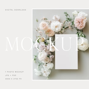 A9 huwelijksuitnodiging mockup, fine art briefpapier mockup, Franse grijs witte bloemen kaart mockup, luxe designer katoenpapier mockup 20