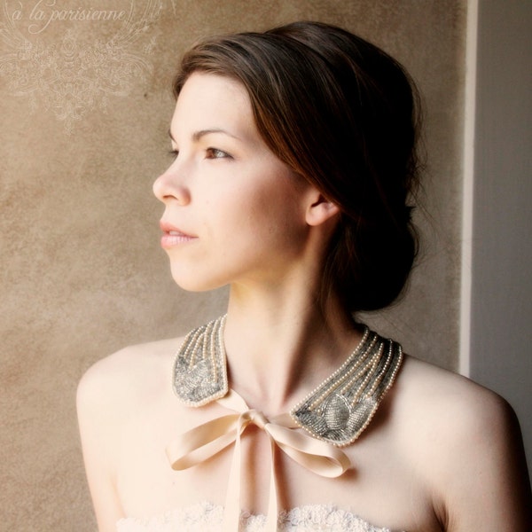 Statement of a Romantic Kind No.3- Vintage Faux Pearl Necktie Collar with Champagne Satin Ribbon