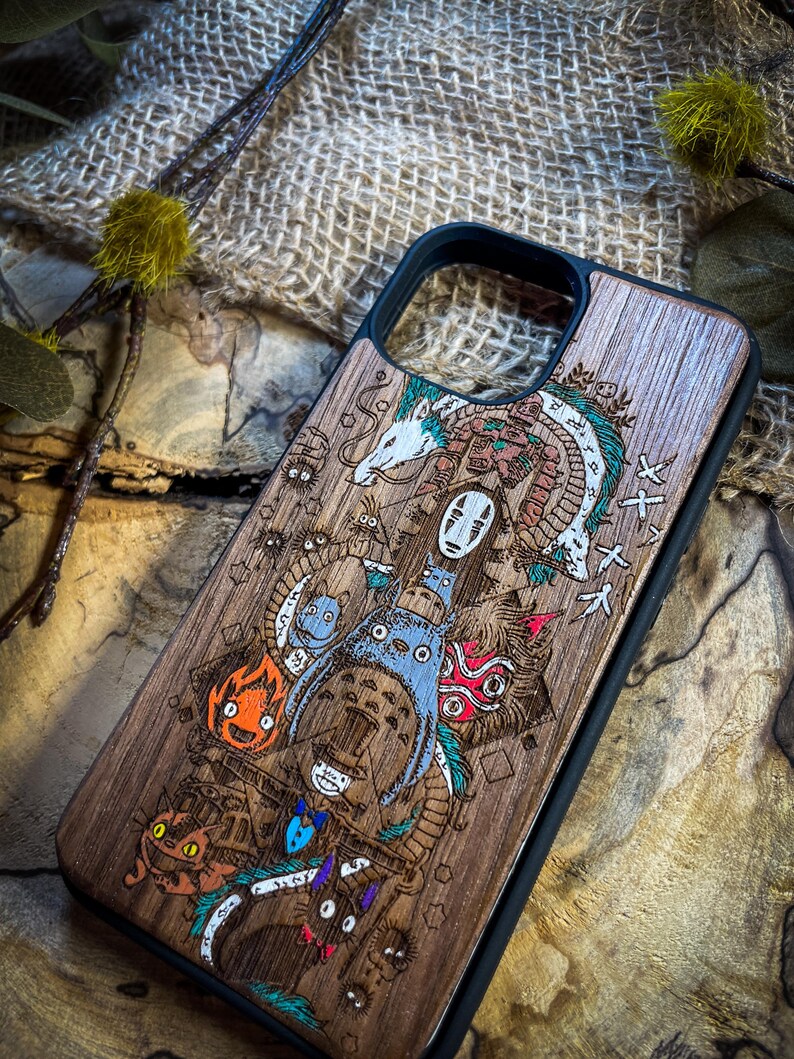 Studio Japanese Manga Movie Art Medley Wood Phone Case Enchanting Design for iPhone 16, Google
