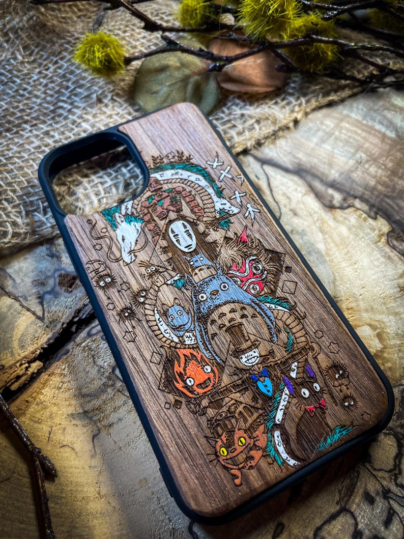 Studio Japanese Manga Movie Art Medley Wood Phone Case Enchanting Design for iPhone 16, Google