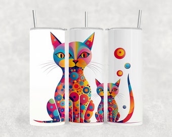 Colorful Polka Dot Cats 20 oz Skinny Tumbler Sublimation Design Digital Download PNG Instant DIGITAL ONLY, Uplifting Cat Lover Tumbler